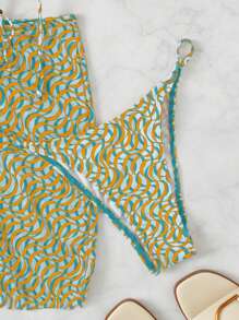 SHEIN Swim 4pcs/Set Swimsuit With Skirt + Headwrap (Random Print Design) For Summer Beach Vacation - Multicolor - View 8