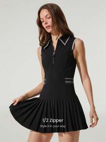 GLOWMODE Court To Club Colorblock Monochrome Design Pleated Dress Tennis Golf Pickleball Low Impact Daily Casual Wear