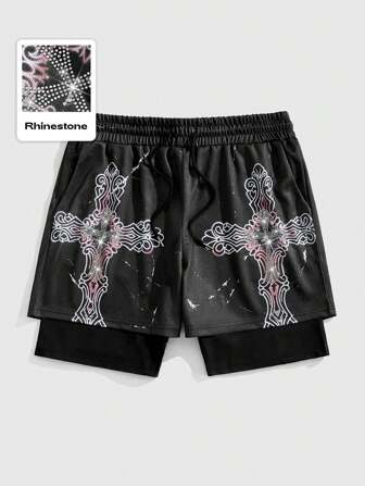 Goth Short de 2 en 1 para hombre decorado con rhinestones en forma de cruz, adecuado para uso casual diario en primavera/verano