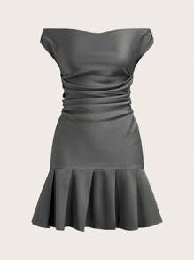 SHEIN Essnce Women's Solid Color Ruffle Hem Off Shoulder Mini Dress - Grey - View 1