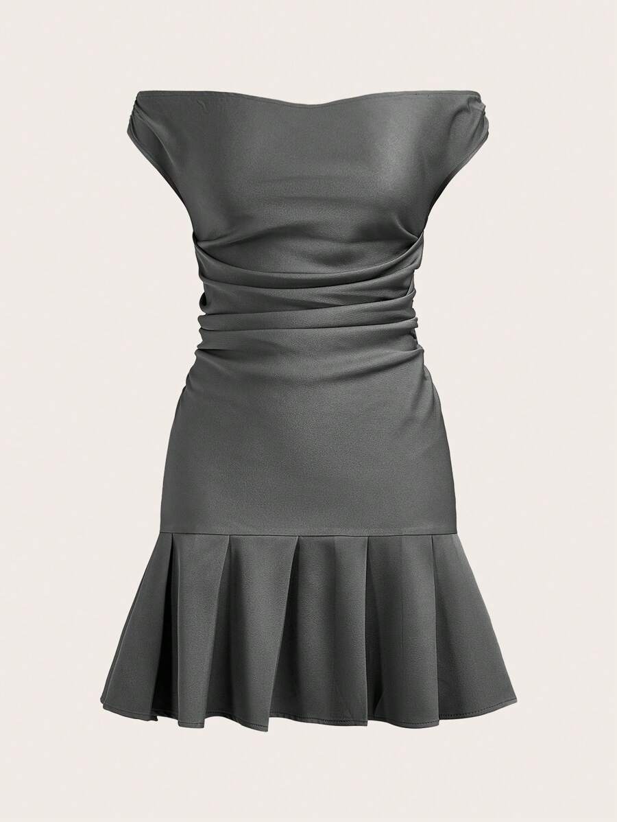 SHEIN Essnce Women's Solid Color Ruffle Hem Off Shoulder Mini Dress - Grey - View 1