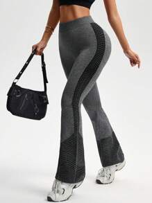 SHEIN Sport Studio Women's High Waist Flared Leg Contrast Color Casual Fitness Sports Pants