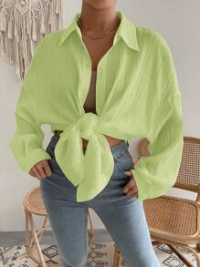 SHEIN EZwear 绿色女式衬衫落肩纽扣沙滩衬衫 - 青檸色 - 查看 2