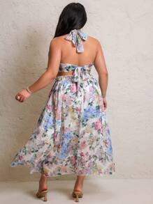 Flirla Plus Size Summer Elegant Floral Print Halter Neck Backless Maxi Dress - Multicolor - View 2