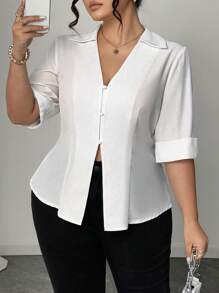 Elenzga Plus Size Soft Woven Fabric V-Neck Lapel Cardigan, Fitted Waist A-Line Hem, 3/4 Sleeves Cuff Turnup, Casual Commuter Shirt - White - View 5