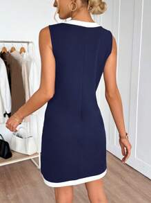 EMERY ROSE Women's Contrast Color V-Neck Sleeveless Casual Mini Dress,Business Casual Woman Business Women Attire