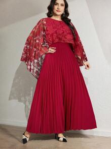 Modelyn Plus Size Women's Lace Patchwork Pleated Elegant Arabic Style Dress - Burgundy - View 2