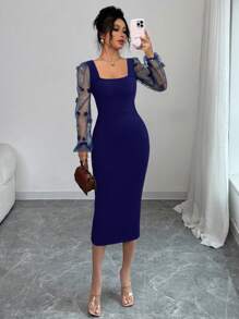 Elenzga 方领优雅春夏度假法式3D网眼性感修身透视碎花长袖连衣裙 - 藏蓝色 - 查看 3