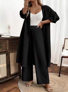 Linhara 大码女士梭织休闲度假夏季两件套 - 黑色 - 查看 3