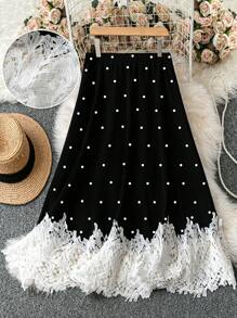 DreamSkyne 大码女式优雅休闲度假蕾丝圆点 A 字裙 - 黑色 - 查看 1