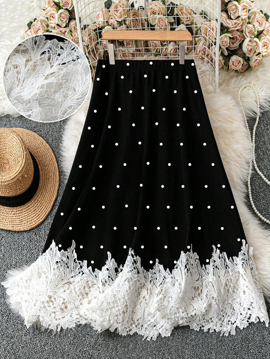 DreamSkyne 大码女式优雅休闲度假蕾丝圆点 A 字裙 - 黑色 - 查看 1