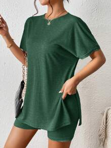 SHEIN Frenchy Women Solid Color Round Neck Batwing Short Sleeve T-Shirt & Shorts Casual 2Pcs Set Summer Green - Dark Green - View 7