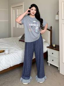 Dazy Plus Cartoon Print Loose Short Sleeve Top & Pants Ruffle Trim Casual Pajama Set - Grey - View 5