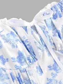 Tween Girls' Woven French Ditsy Floral Shirred Backless Crisscross Tie Waist A-Line Dress - Blue - View 8