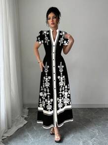 Elenzga 万圣节服装黑色印花修身女式连衣裙 - 黑與白 - 查看 4