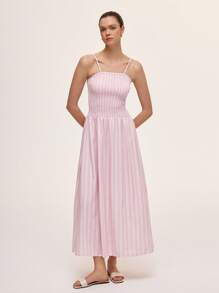 SHEIN Unity 粉色和白色条纹褶饰束腰中长吊带连衣裙 - 粉色 - 查看 4