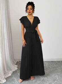 Elenzga 新款 V 领荷叶边袖褶皱阔腿连体裤，紧腰设计，休闲通勤派对约会装，优雅修身廓形，适合年轻女性 - 黑色 - 查看 7