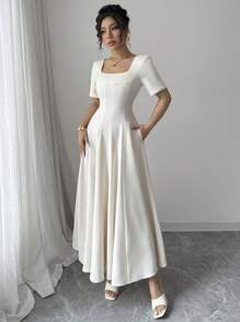 Elenzga 女士优雅精致简约通勤办公室商务休闲度假下午茶连衣裙，腰线，多线修身设计，侧袋，A 字下摆，短袖，春夏季 - 杏色 - 查看 4