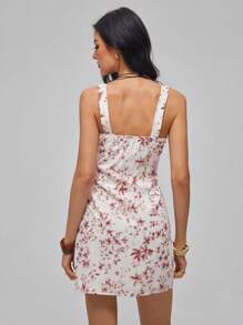 Roylia French Floral Print Tight Waist Ruffle Decoration Camisole Dress With Bust Cup For Women - Multicolor - View 2