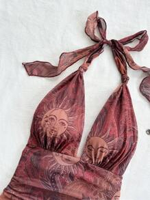 SHEIN ICON Đầm ngắn lãng mạn cổ chữ V buộc nơ gợi cảm họa tiết Paisley lưới xếp nếp viền bất đối xứng, trang phục nghỉ dưỡng - Nhiều màu - Xem 5