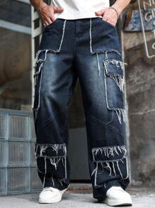 Manfinity LEGND Men's Casual Everyday Distressed Multi-Pocket Loose Denim Blue Jeans Hang Out Street College, Emo Style - Black - View 4