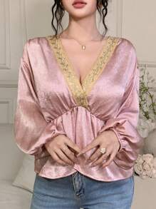 DAZY Color Blocking Ruffle Trim V-Neck Gathered Lantern Sleeve Elegant Holiday Summer Blouse For Women Luxury Long Sleeve - Pink - View 3