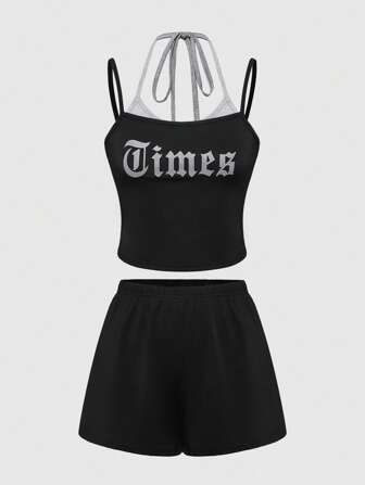 Ensemble de détente 2 pièces avec short à impression de texte de style gothique