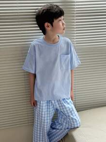 Dazy Kids 2件套儿童男童（大）纯色针织短袖T恤+格纹梭织长裤休闲套装，春夏