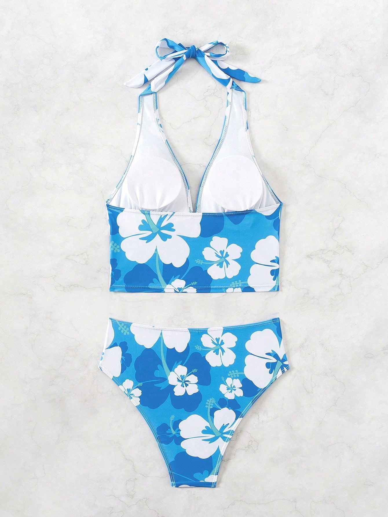 Swim Vcay Conjunto de Maiô Tankini com Estampa Floral, Decote Halter para Mulheres, Ideal para Praia no Verão - Azul - Visão 2