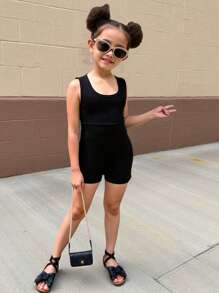 Young Girl Solid Color Fitted Jumpsuit - Black - View 4