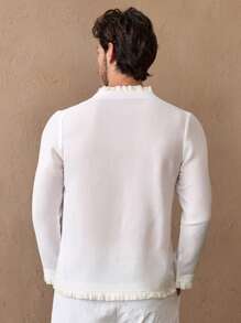Manfinity VCAY Men's Casual Slim Fit V-Neck Fringe Trim Solid Color Long Sleeve Top - White - View 4