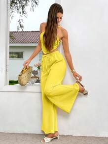 SHEIN VCAY Butter Yellow Summer Vacation 2 Pieces Sets Woman,Casual Backless Two Pieces Outfits For Daily Wear,Beach Holiday Rave Outfits Festival,Pants Set - Yellow - View 2