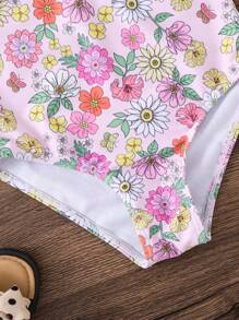 SHEIN Young Girl Ditsy Floral Ruffled Crew Neck One-Piece Swimsuit - Baby Pink - View 4