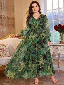 Modelyn 全新奢华优雅宽松V领长袖连衣裙 - 綠色 - 查看 5