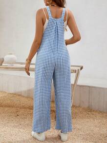 SHEIN Gasaul 度假格子阔腿孕妇连体裤 - 藍色 - 查看 2