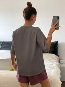 Livesso Bộ đồ ngủ tay ngắn và quần short dáng rộng màu trơn 2 món cho nữ - Màu xám đen - Xem 2