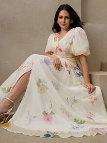 Anewsta 大码花卉印花 V 领高开衩短袖连衣裙 - 杏色 - 查看 6