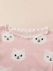 SHEIN 4pcs/Set Baby Girl Cute Cat Print Ruffle Trim Crew Neck Long Sleeve Top And Long Pants Soft And Comfy Pajamas Set