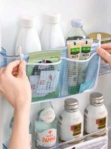 1 pieza/2 piezas/3 piezas Bolsa de malla de almacenamiento colgante de doble capa para refrigerador, bolsas de almacenamiento lavables para refrigerador, bolsillo colgante de almacenamiento multipropósito para el lateral del refrigerador adecuado para almacenar paquetes de salsa, condimentos, ketchup, etc. (azul y blanco)