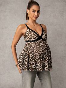 MaterniChic Umstandsmode Sommer Leoprint Patchwork Spitzen Trägerhemd