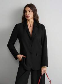 SHEIN Tall Young Women Casual Grey Textured Oversized Long Sleeve Loose Blazer For Commuting Office Outfits For Women Business Women Attire In Fall/Winter - Black - View 7