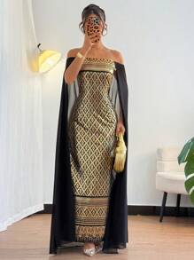 Islaluna Elegant & Graceful Islamic Black & Gold Color Block Sleeveless Fitted Dress, Shoulder-Less, Long Sleeve Gown For Women Fall Cloth For Women