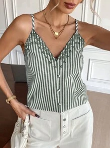 SHEIN Frenchy Women Strap Crop Top Striped, Fashionable For Summer Green Casual Christmas - Green - View 7