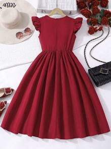 SHEIN Tween Girl Wine Red Woven Dress, With Sequins Embroidery Splice On Front Chest, Cap Sleeves, Ruffle Front, Elegant And Vintage, Suitable For Ball And Party