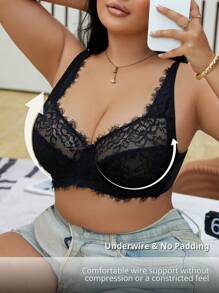 SHEIN Elegant Plus Size Black Lace Sheer Unlined Full Coverage Bra With Wide Support Straps For Women - Black - View 3
