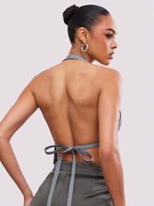 Hauture 女士性感办公室前开衩系带露背上衣 - 灰色 - 查看 2