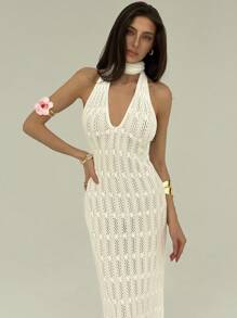 Aloruh Vestido de suéter para mujer con cuello en V profundo, espalda descubierta y diseño calado