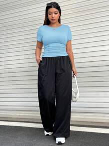 SHEIN EZwear Plus Size Ruched Waist Detail Stretchy T-Shirt - Blue - View 4