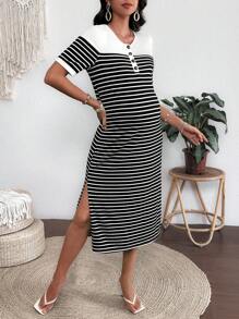 SHEIN 条纹长款休闲短袖半开领纽扣孕妇装 - 黑與白 - 查看 5