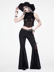 ROMWE Gothic Dark Style Halloween Palace Castle Flocking Patchwork Eyelet Super Low Waist Flare Leg Jeans - Black - View 6